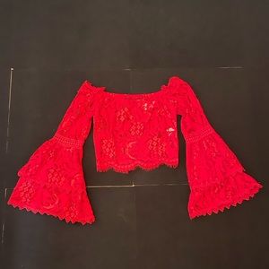 LF off the shoulder red bell sleeve lace top size xs